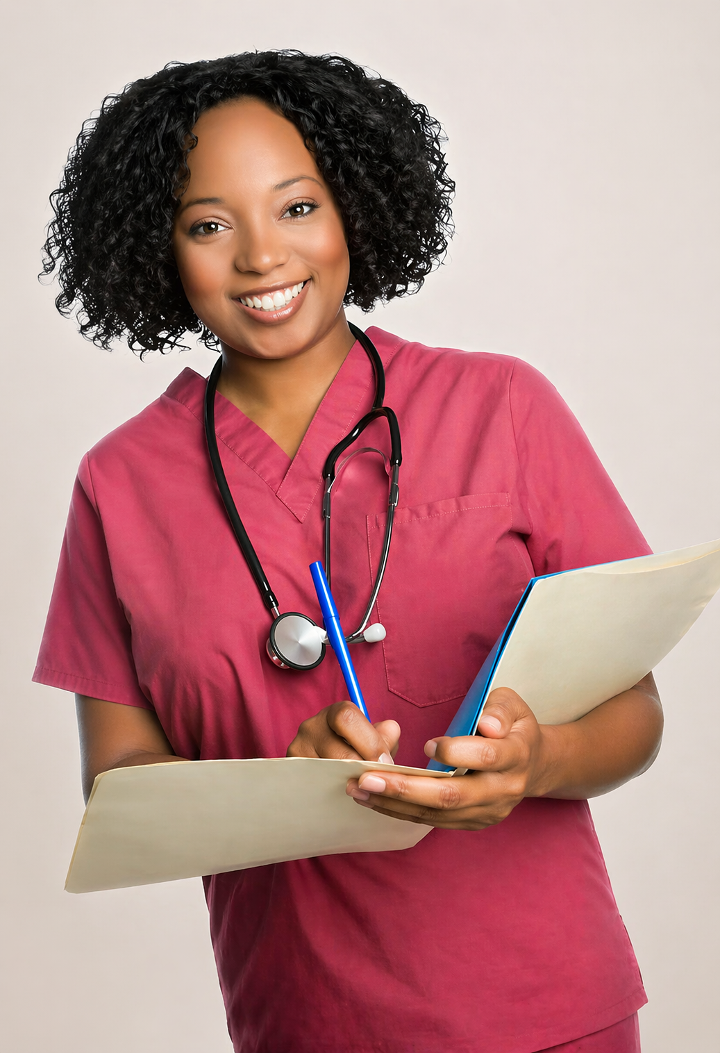 Friendly medical professional in scrubs